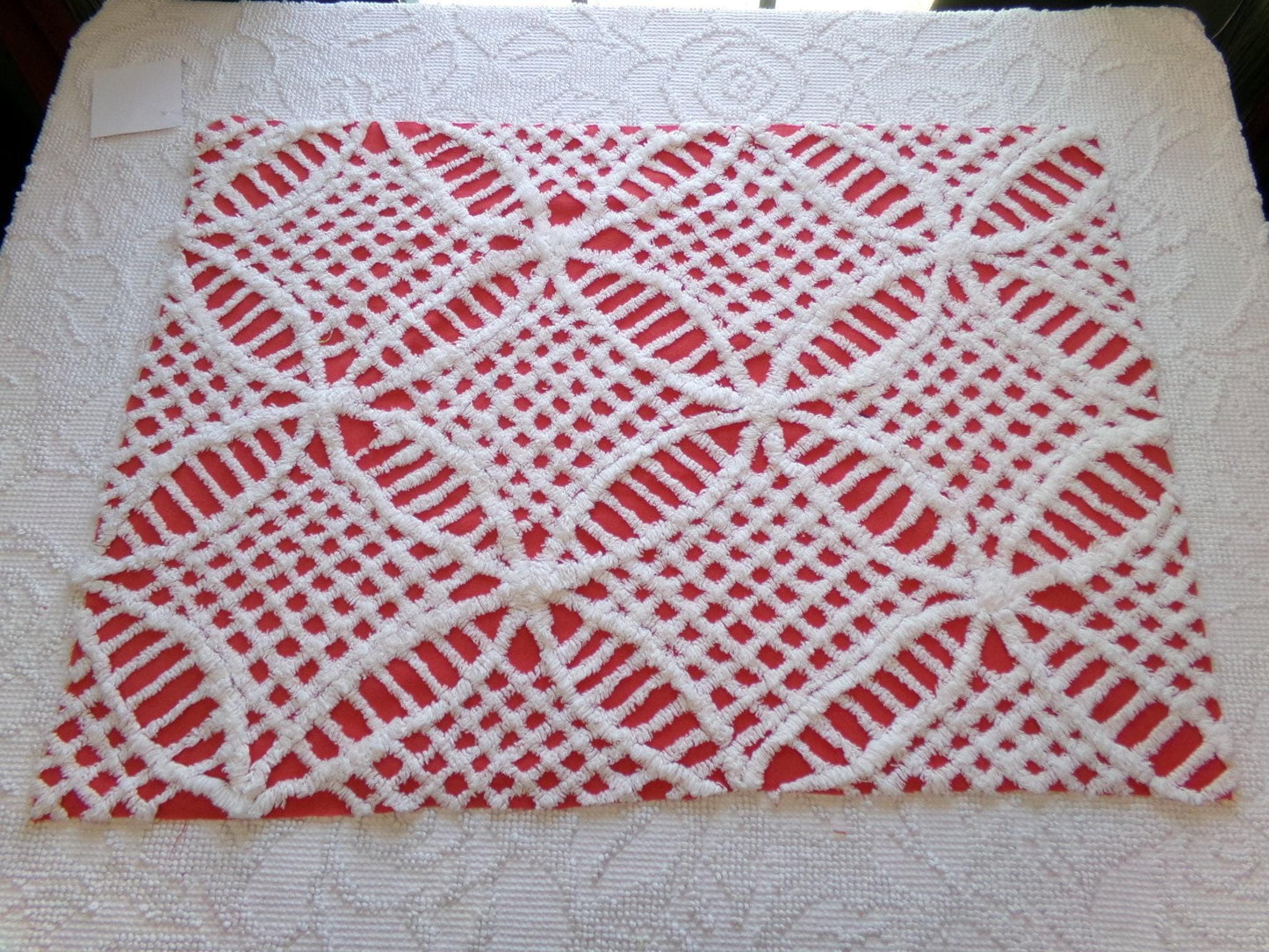 Vintage Red Chenille Fabric, White Geometric 17x24" Quilt Material