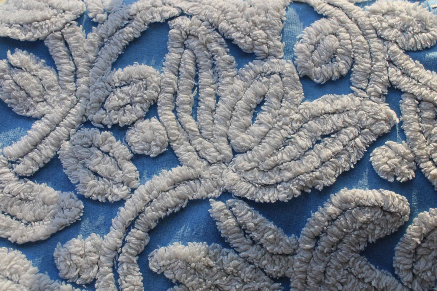 Plush Tufted Tulips Vintage Chenille Fabric, Sky Blue & White, 20" x 31" Inch Piece, Beautiful in Quilts, Pillows