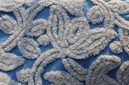 Plush Tufted Tulips Vintage Chenille Fabric, Sky Blue & White, 20" x 31" Inch Piece, Beautiful in Quilts, Pillows