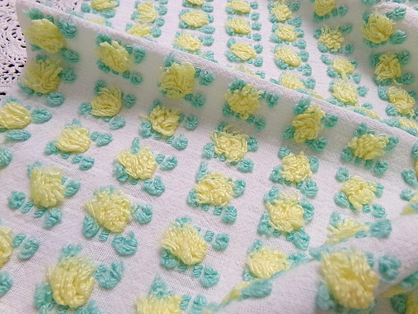 Cottage Rosebud Vintage Chenille Fabric Bouncy Bright Yellow Roses 18x24"