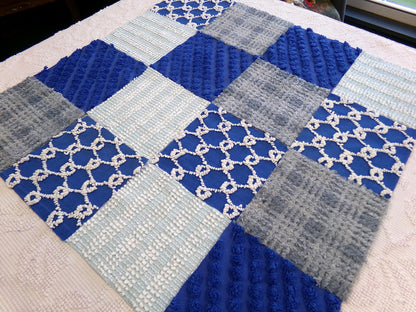 Vintage Chenille Fabric Squares - Set of 16 - Sporty Grey, White & Blue - 6" Quilt Blocks