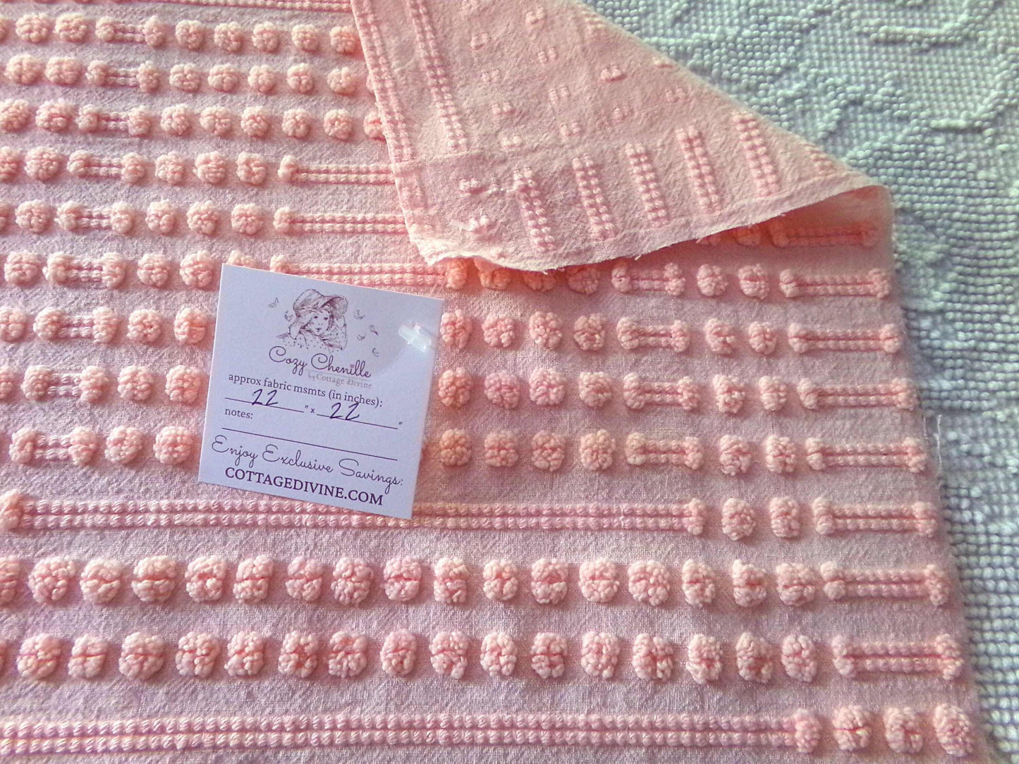 Unique Windowpane Pops Vintage Chenille Fabric, 22" x 22" Piece, Texture Tuft Popcorn Dots & Dashes in Rosy Pink