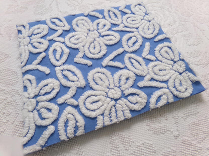 Daisy Dance Vintage Chenille Bedspread Fabric, Blue & White Floral Quilt Material 20" x 23" Piece