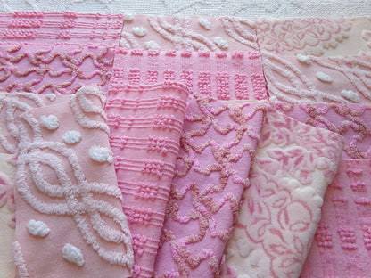 pixie princess velvet & chenille fabric squares, set of 16 pink vintage 6" quilt blocks for crafting, quilt inlays, pillows, fiber arts