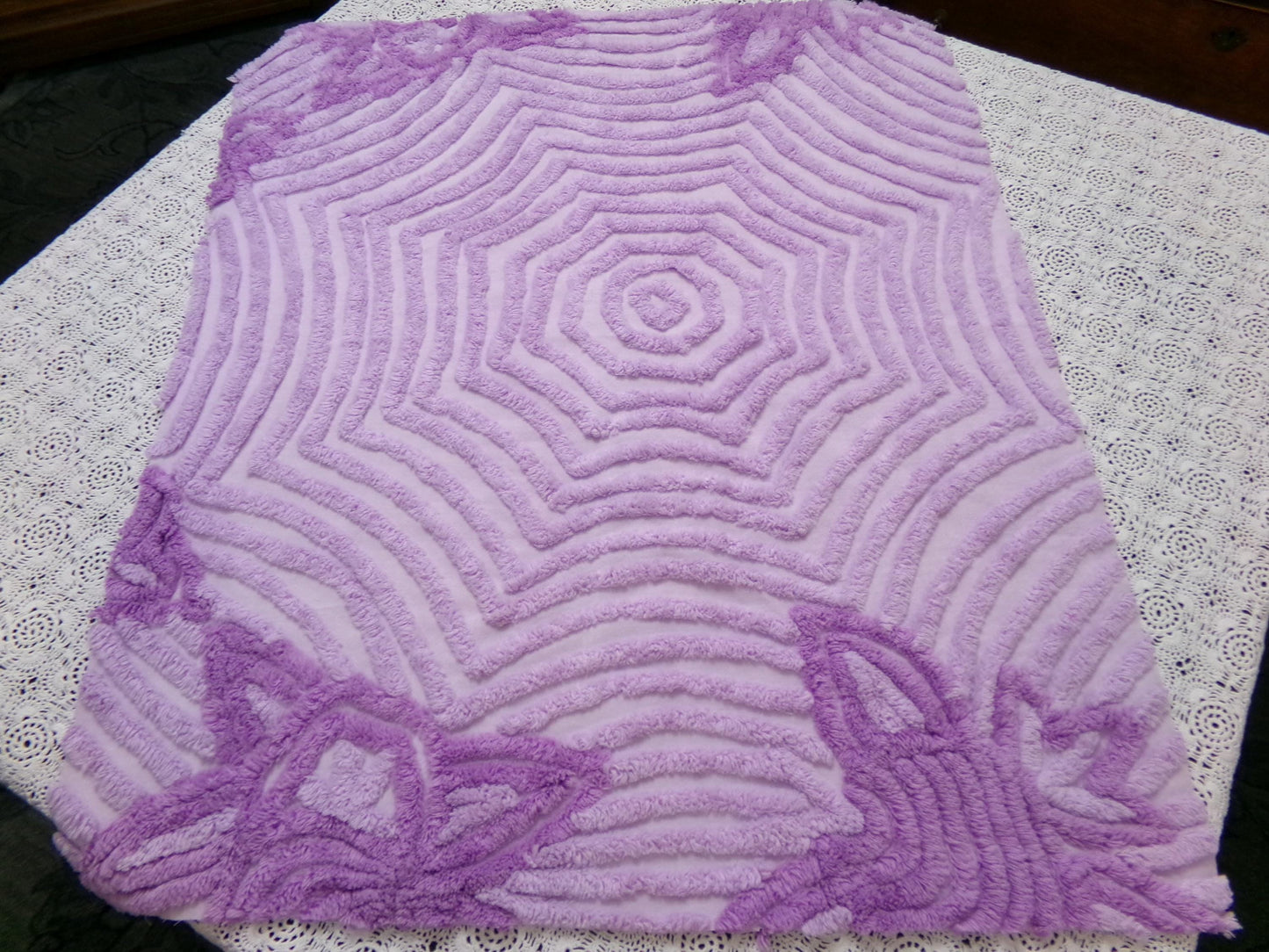 Hypnotic Spiderweb Vintage Chenille Fabric Piece Lavender 23x27" Mesmerizing Design