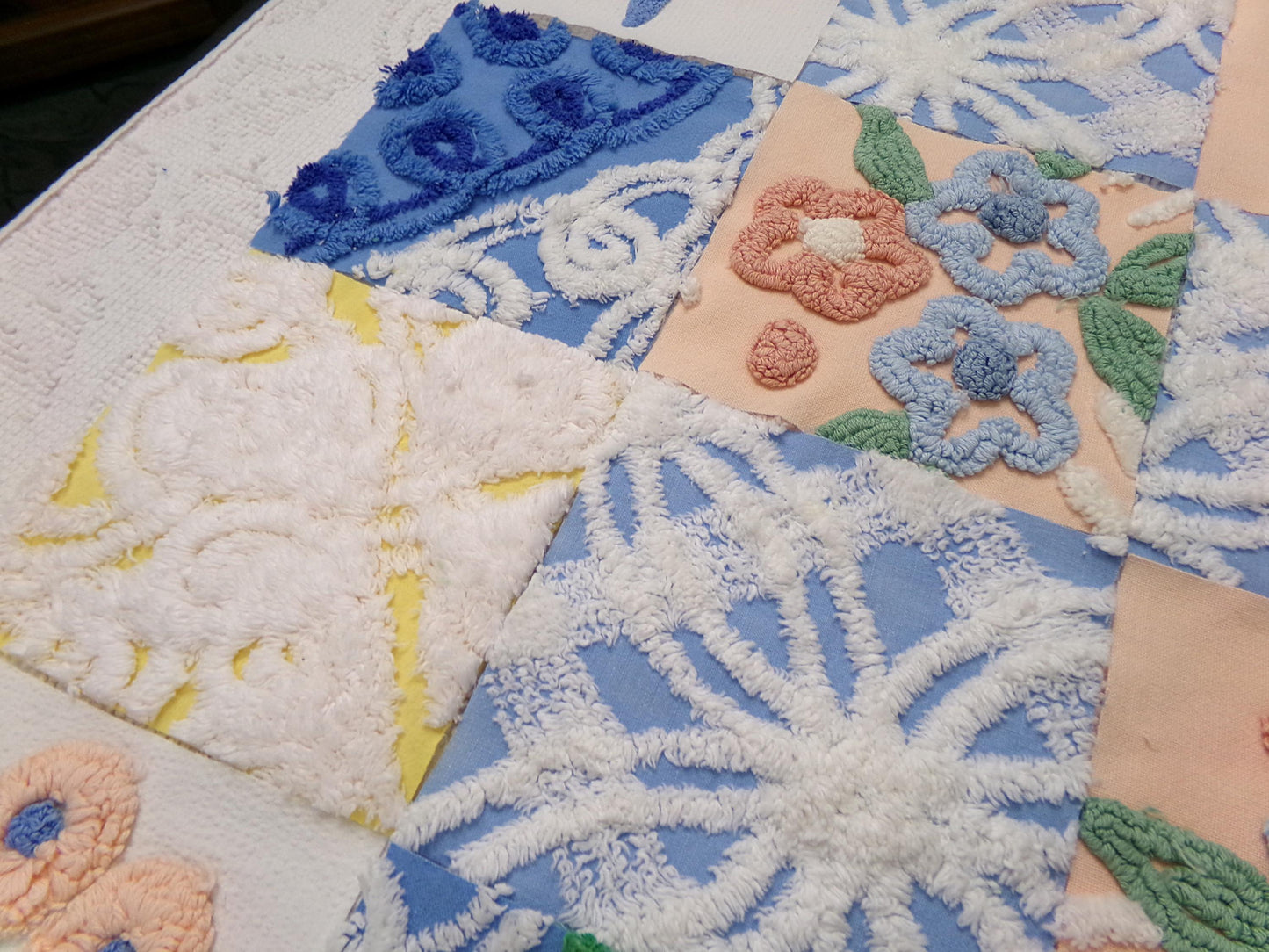 Summer Floral Vintage Chenille Fabric Squares Set, 16 Quilt Blocks, 6" x 6" inches each, for Quilting, Sewing, DIY Pillows