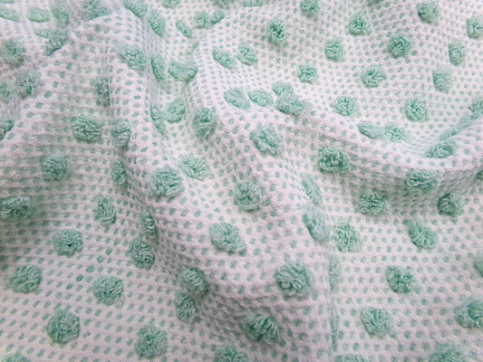 nubby green pops vintage chenille fabric, woven tufted popcorn design sewing & quilt material, 18" x 24"