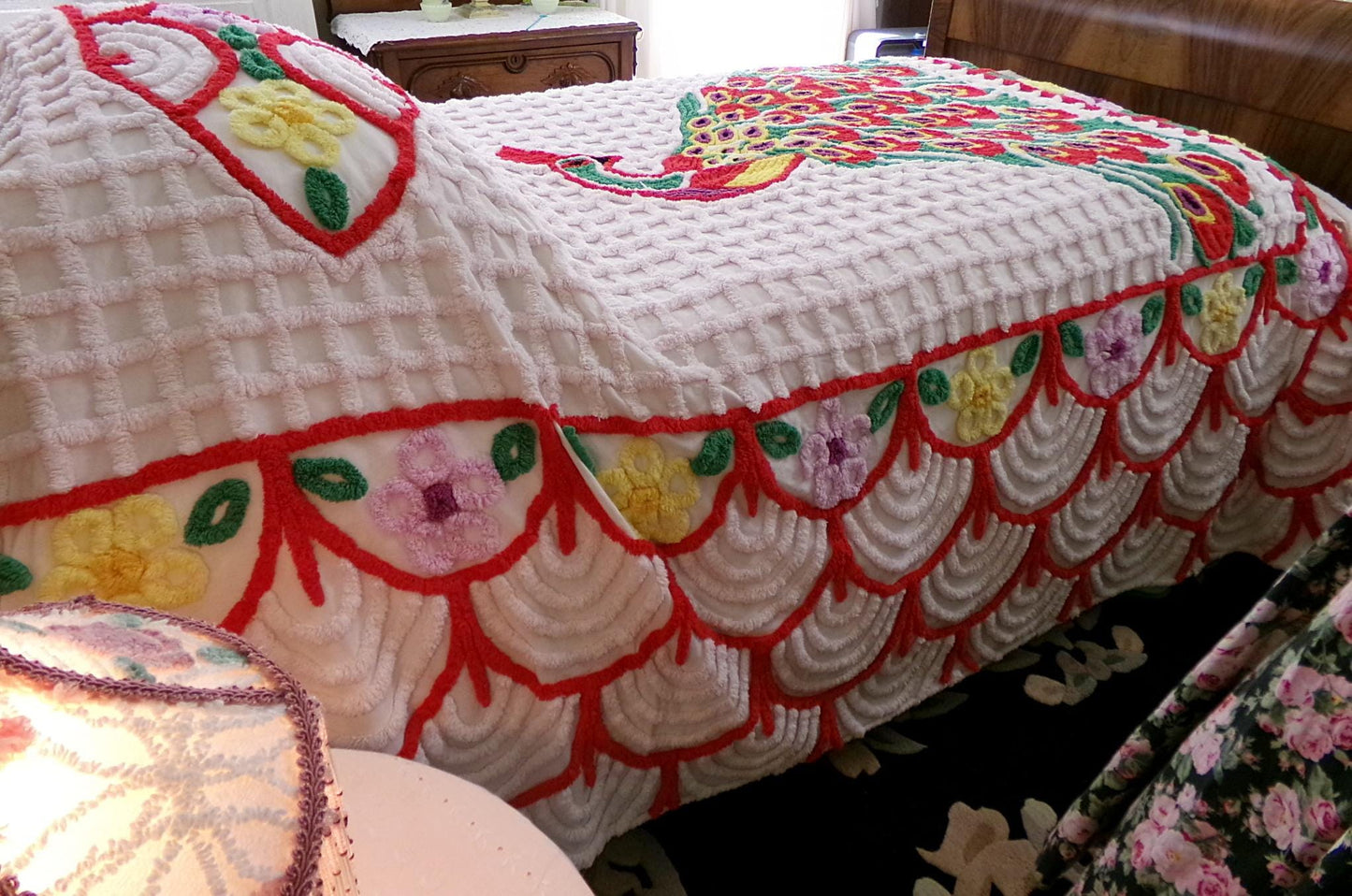 Sprawling Peacock Vintage Chenille Bedspread, Boho Red Green & White Cotton Full Size