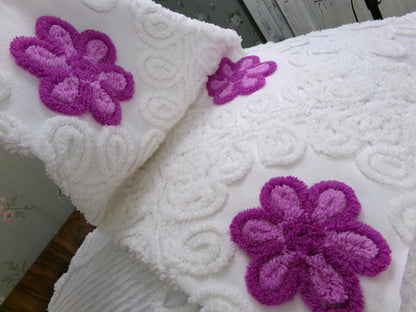 Violets in Snow Vintage Cotton Chenille Fabric - Plush Florals in White Curlicues, Quilt & Craft Material, 20" x 17" Piece