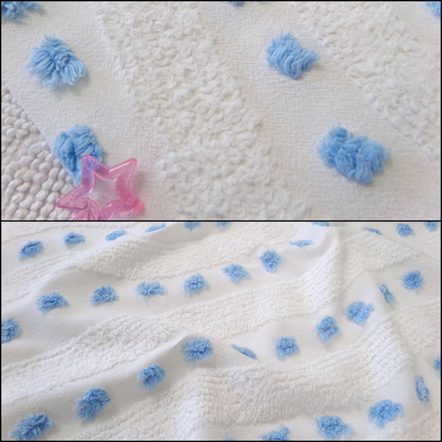 Vintage Chenille Fabric Piece, Shabby Lightweight Blue & White Wave Dots, 16" x 23"