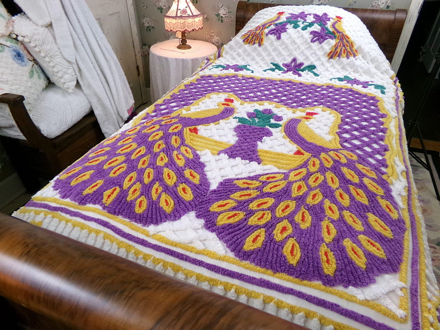 Vintage Chenille Bedspread Double Peacock Purple Gold White, Full Size