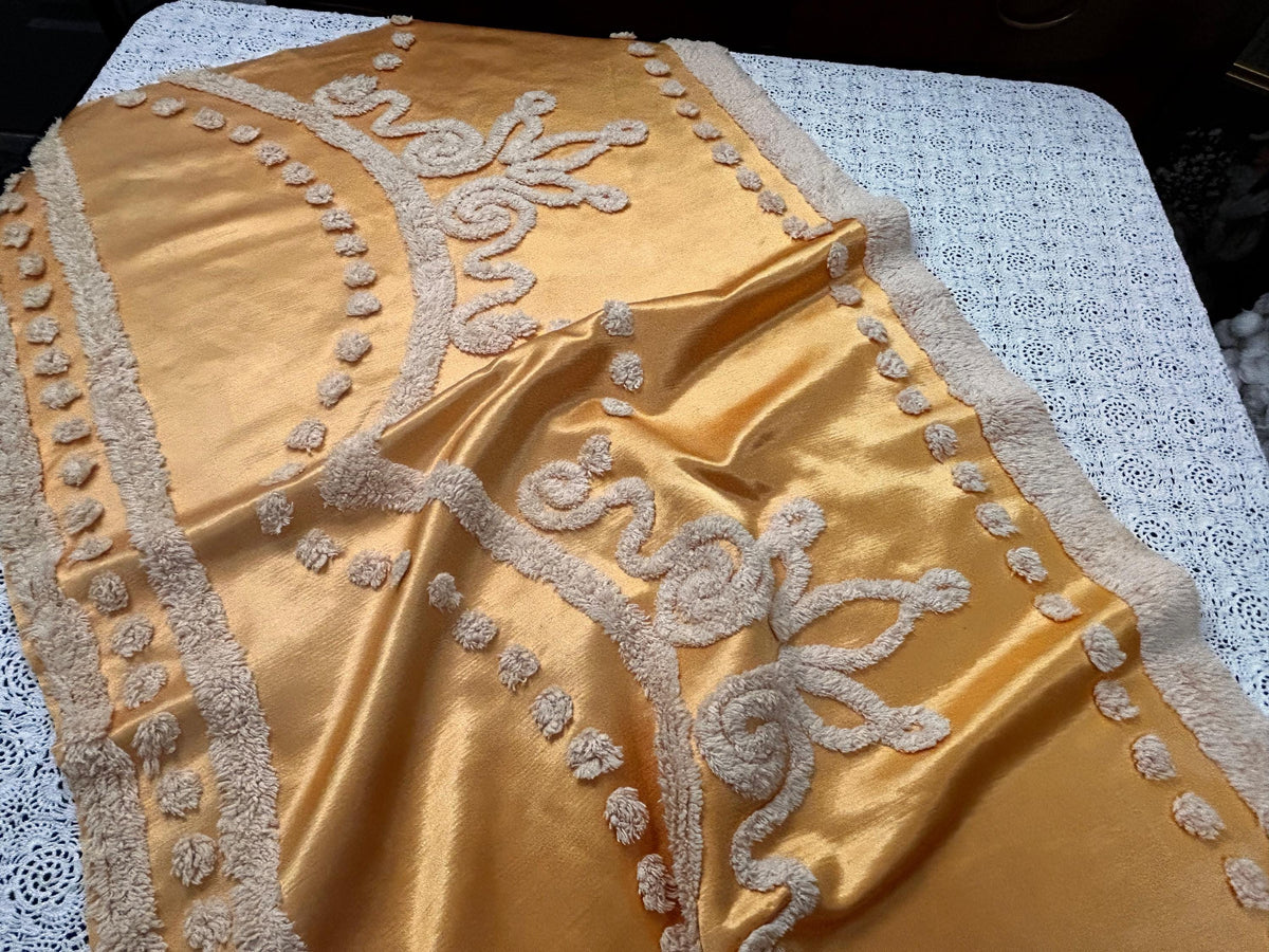 Vintage Gold Satin Fabric, Scroll Tufted Chenille Crowns 23x36" Piece