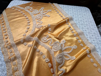 Vintage Gold Satin Fabric, Scroll Tufted Chenille Crowns 23x36" Piece