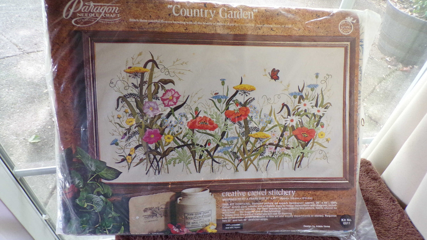 COUNTRY GARDEN Crewel Stitchery Kit, Vintage 0511 Paragon Embroidery Boho Meadow Scene Wall Hanging