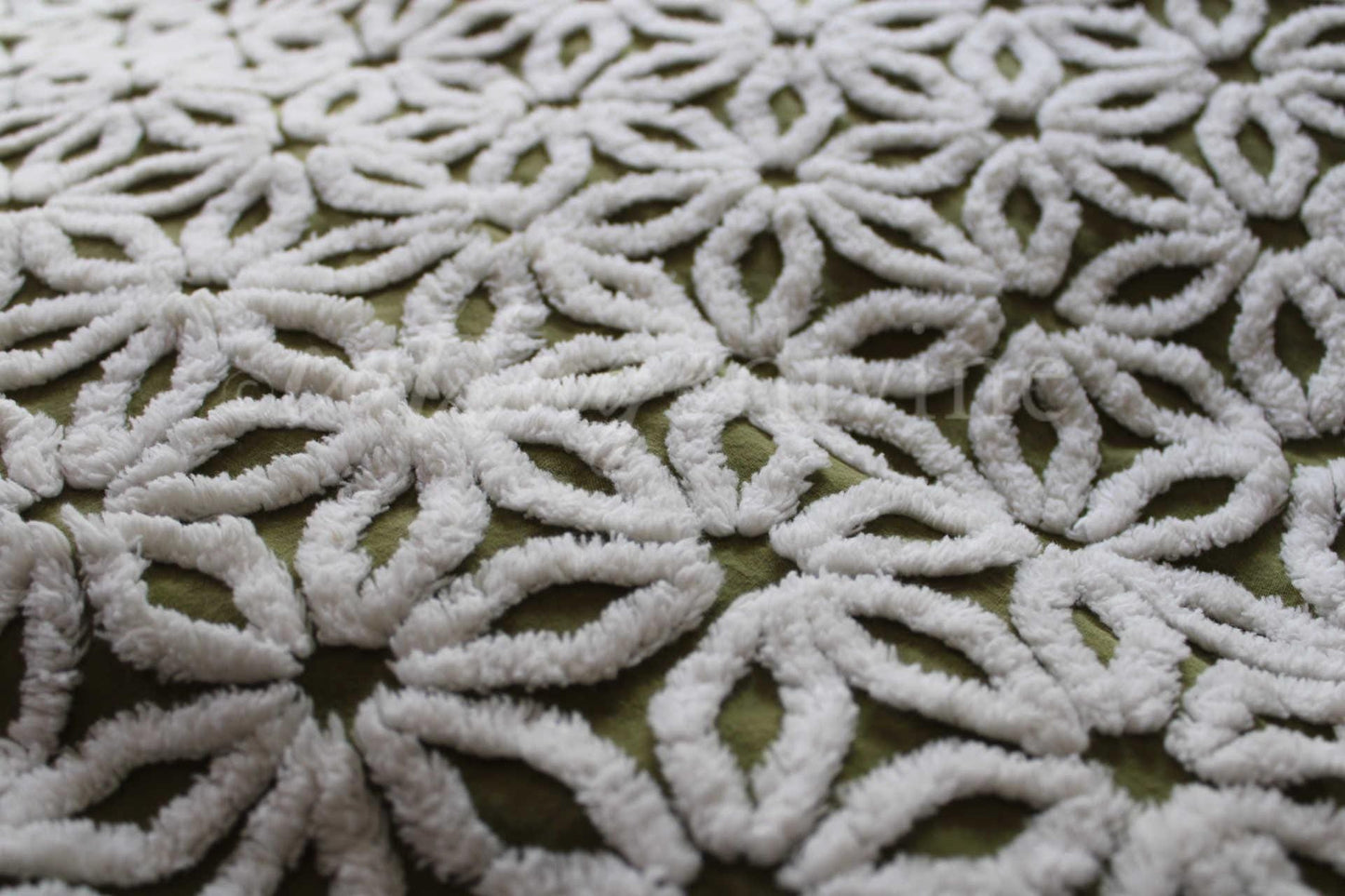 Vintage Green Chenille Fabric Boho Daisy Floral Craft Quilting Sewing Material, 18" x 24"