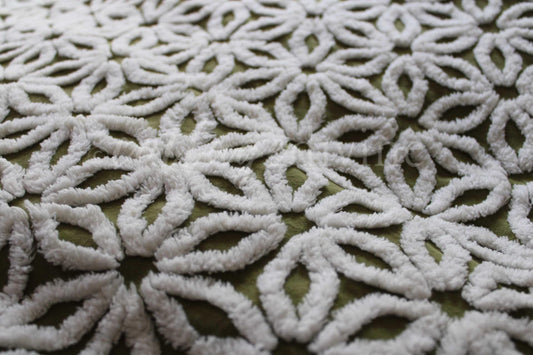 Vintage Green Chenille Fabric Boho Daisy Floral Craft Quilting Sewing Material, 18" x 24"