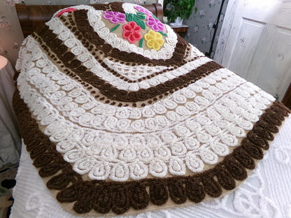 Vintage Chenille Bedspread, Rainbow Hearts Chocolate Brown, Full Size