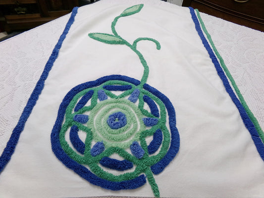Blue Green Mod Flower Vintage Chenille Fabric Piece 18x26" Scandinavian Retro Cottagecore Craft
