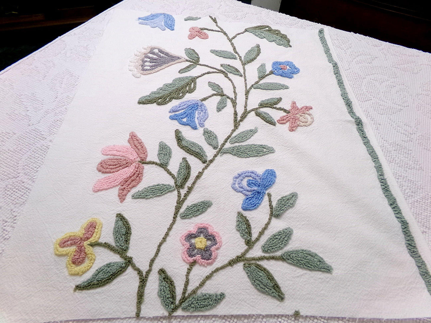 Woodland Meadow Vintage Chenille Bedspread Fabric, Floral Boho Sewing Material, 18" x 23" piece