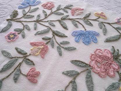 Boho Wildflowers Vintage Chenille Fabric, Natural Vining Rose Florals, 20" x 22" piece
