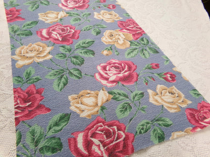 Vintage Rose Barkcloth Fabric, Pink Gold Blooms Blue Background 16" x 27"