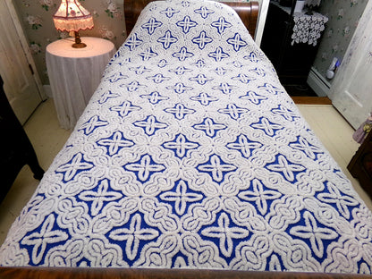Mystic Gothic Cross Vintage Chenille Bedspread, Plush White Tufting on Cobalt Blue, 100% Cotton Luxury Full Size Bedding