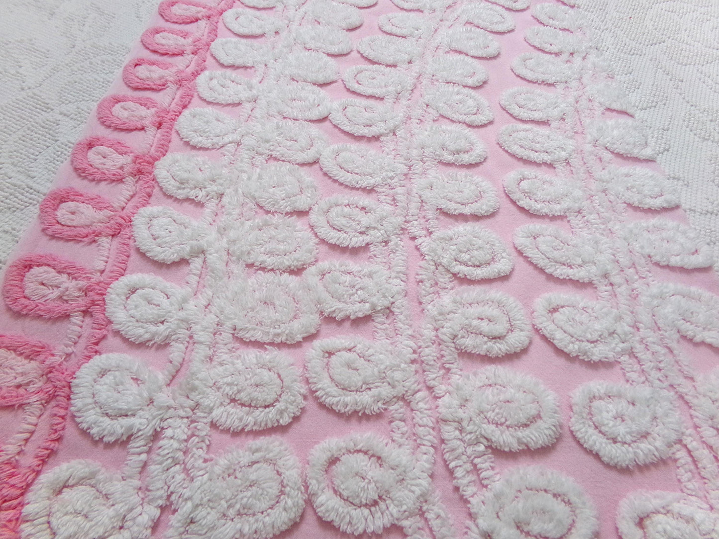 Playful Pink Vintage Chenille Bedspread Fabric White Curlicues 15" x 26"