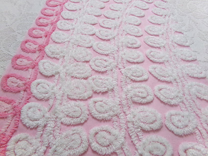 Playful Pink Vintage Chenille Bedspread Fabric White Curlicues 15" x 26"