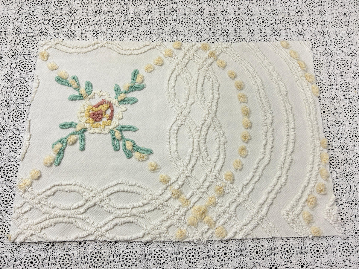 Vintage Rose Chenille Fabric, Cottage Chic 12x18" Cream Floral Sewing Textile