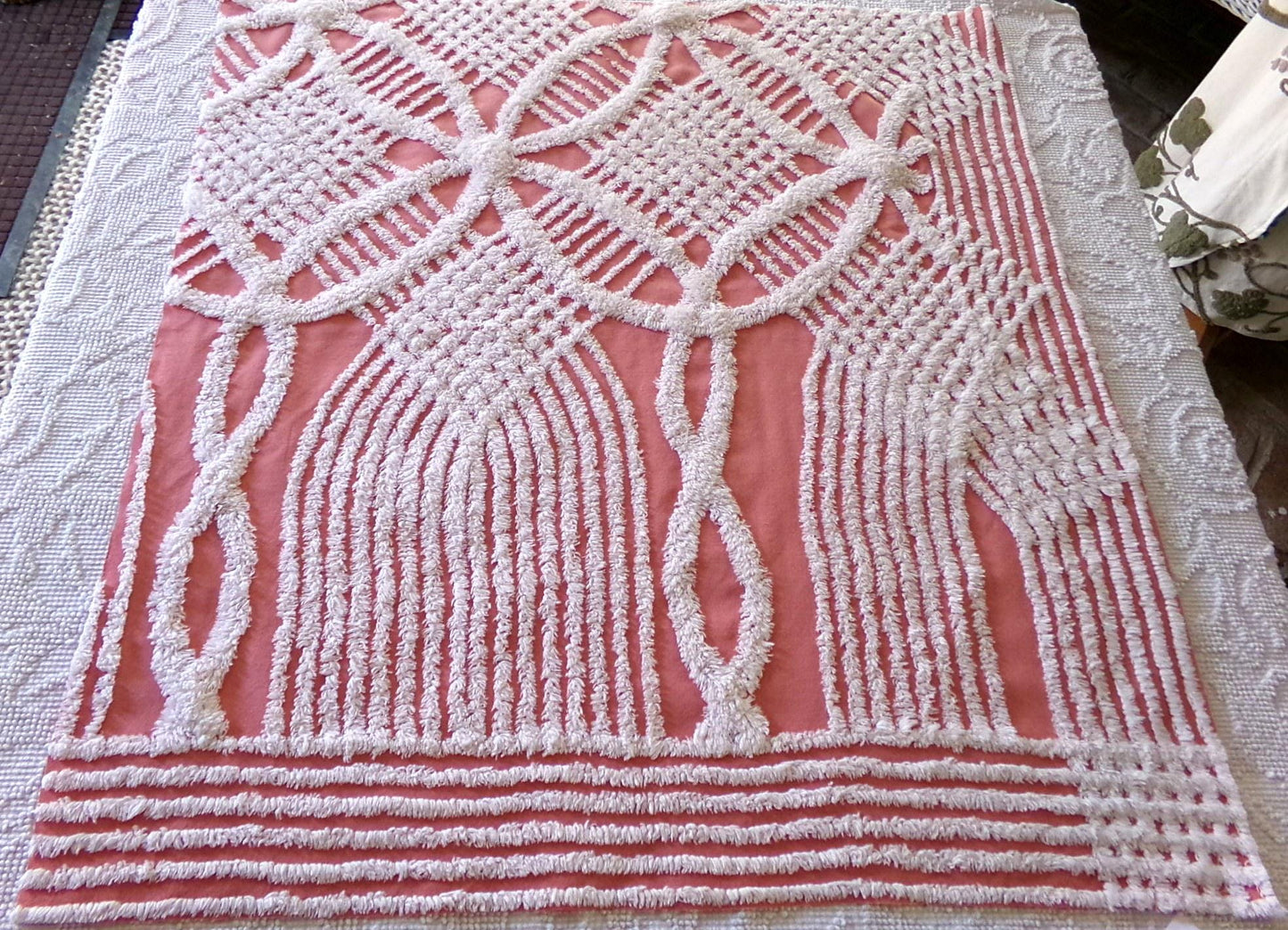 Warm Terracotta Rose Vintage Chenille Fabric, 29" x 27" Inch Piece, White Geometric Designs