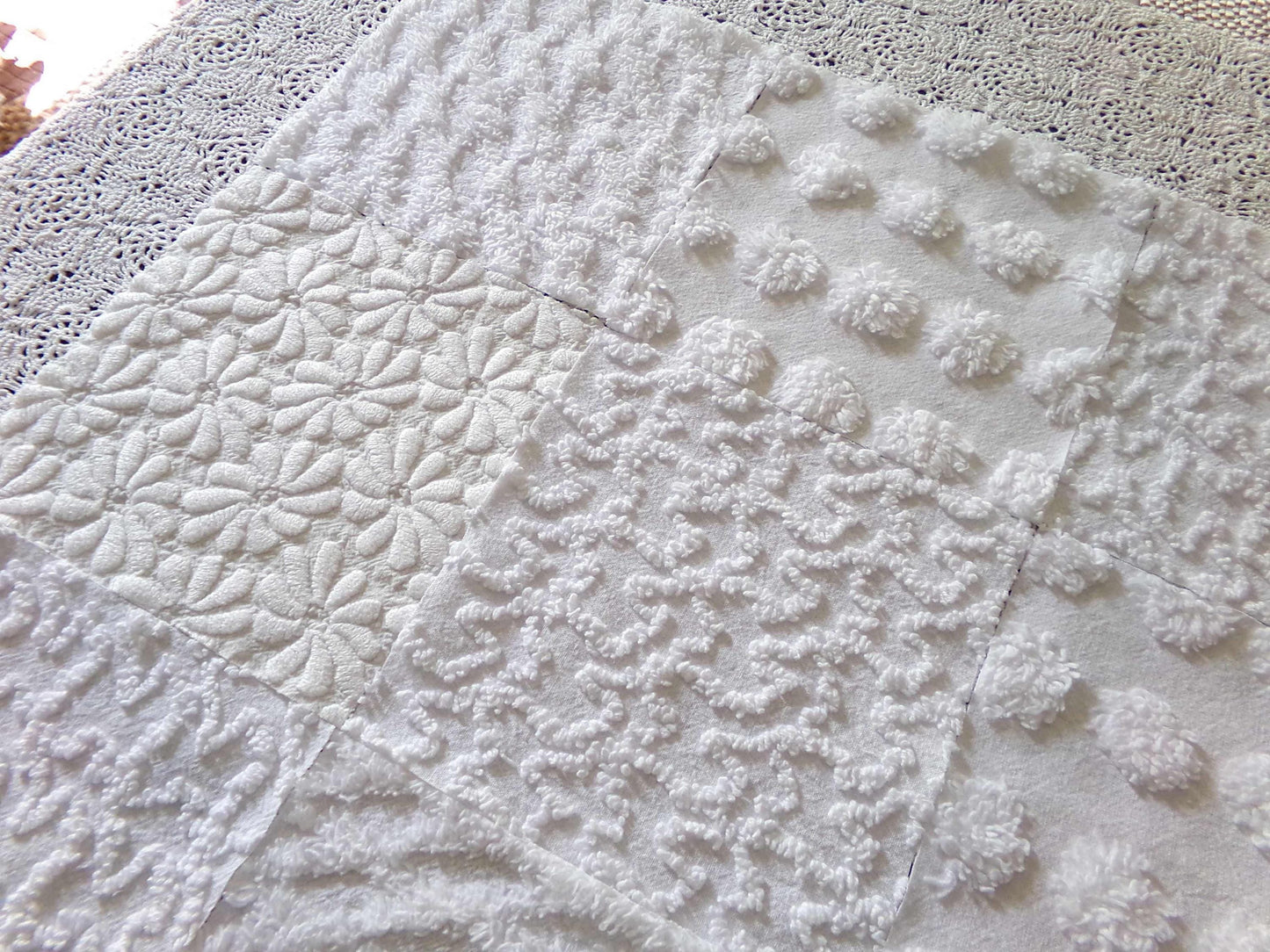 Daisies in Snow Chenille Fabric Squares, Set of 16 Quilt Blocks, 6" each in Shades of White, Great Neutral Textures