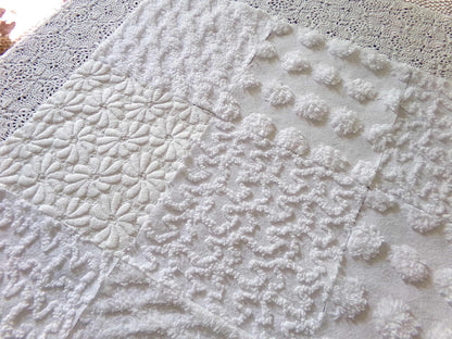 Daisies in Snow Chenille Fabric Squares, Set of 16 Quilt Blocks, 6" each in Shades of White, Great Neutral Textures