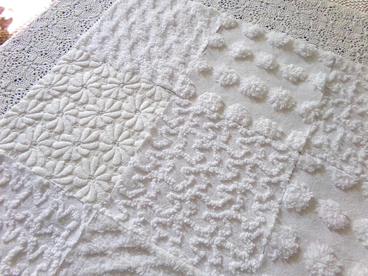 Daisies in Snow Chenille Fabric Squares, Set of 16 Quilt Blocks, 6" each in Shades of White, Great Neutral Textures