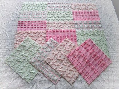 phantom rose 6" chenille squares, green, pink, white rosebud, set of 16 quilt blocks rotary cut from vintage chenille bedspread fabrics
