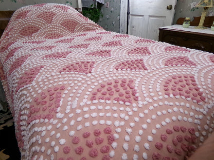 pink mermaid tails vintage chenille bedspread, antique twin size coverlet summer bedding