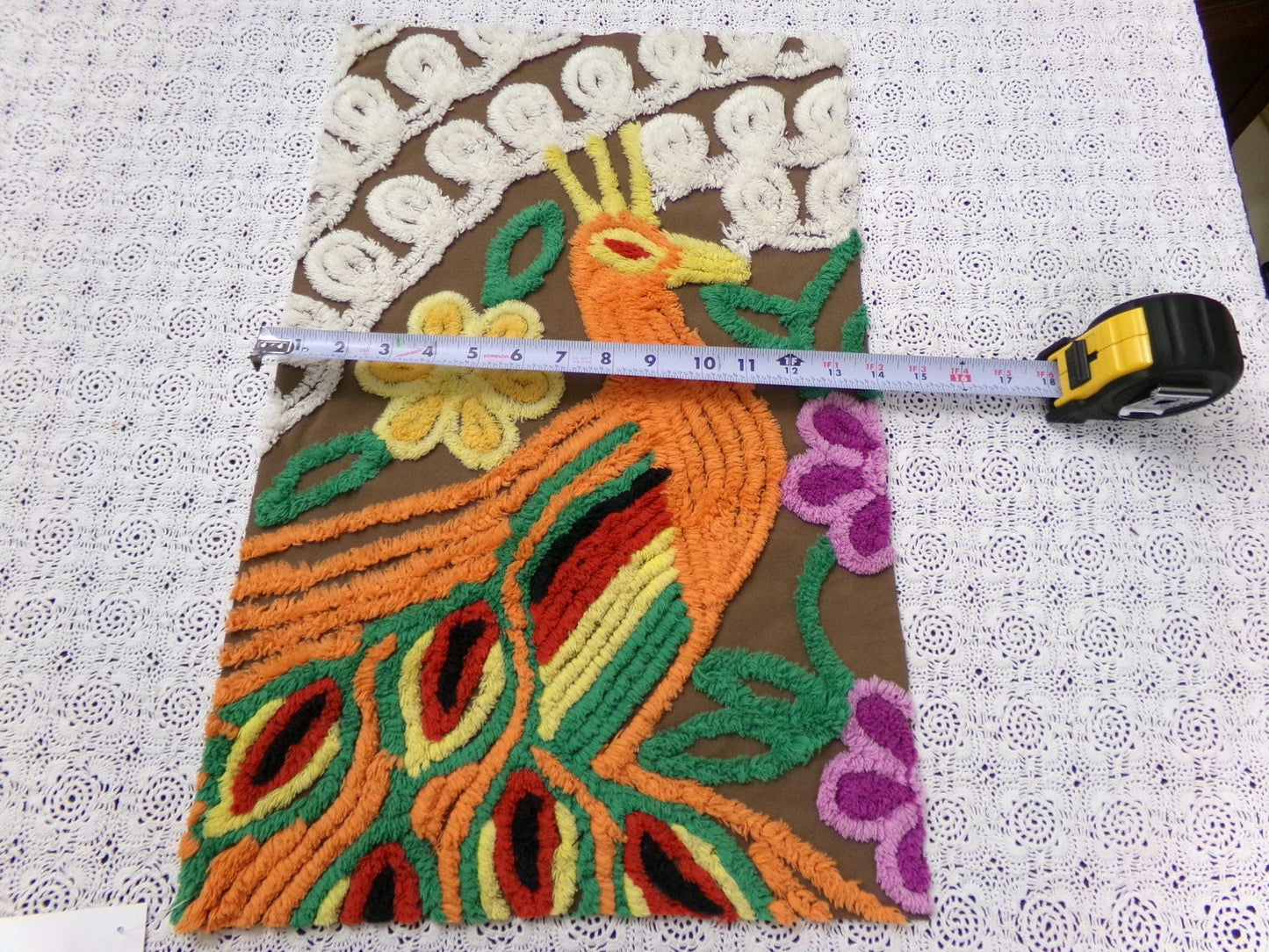 boho peacock vintage chenille bedspread fabric exotic bird brown orange 13x21" small piece