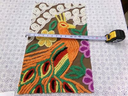 boho peacock vintage chenille bedspread fabric exotic bird brown orange 13x21" small piece