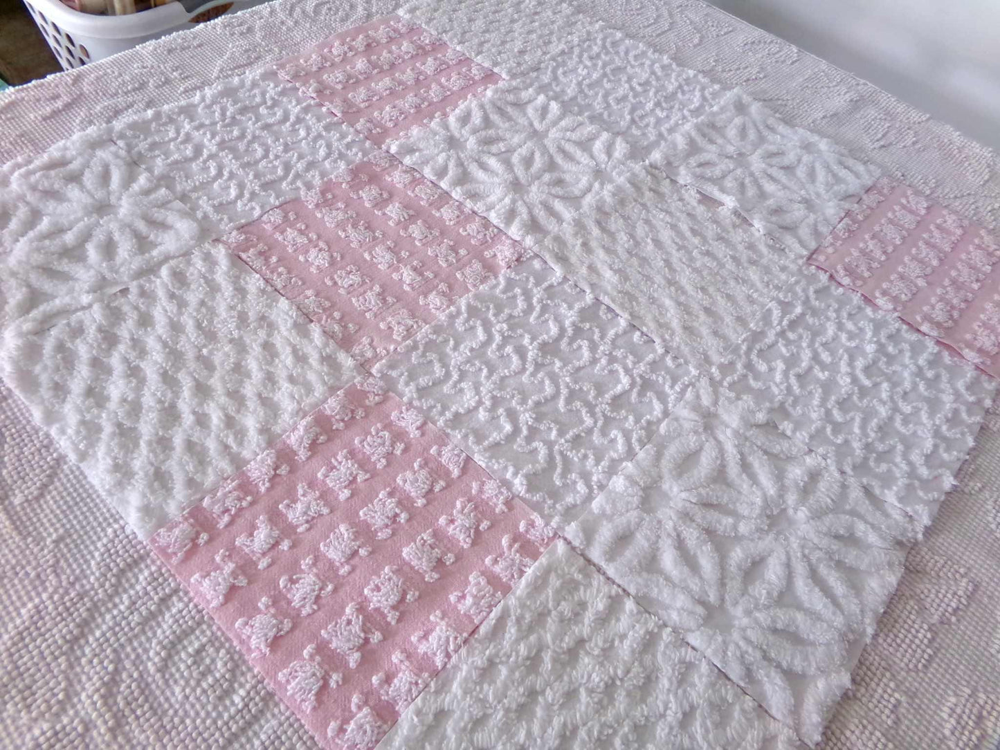 angelic vintage chenille fabric squares, set of 16 quilt blocks 6" each pink & white