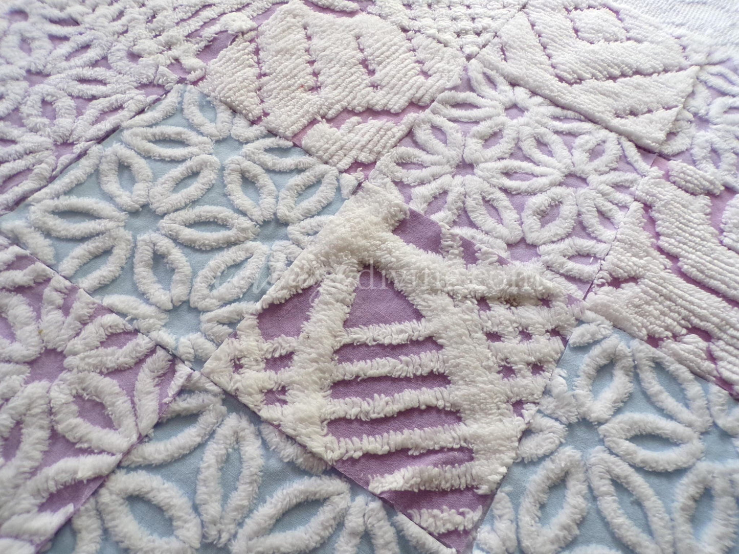 Dreamy Divine Vintage Chenille Fabric Squares Set in Lilac, Blue & White, 16 Rotary Cut Quilt Blocks, 6" x 6" inch