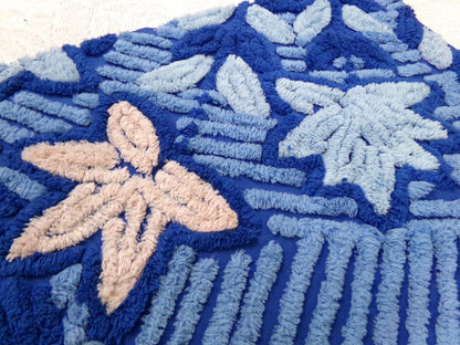 mystical blue vintage chenille bedspread fabric, plush lux star lily florals, 18" x 22" piece