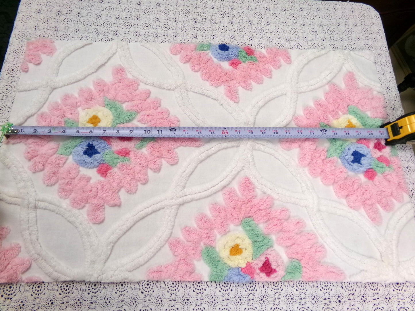 Vintage Chenille Fabric Piece, Pink Frosting Floral Cottage Chic Sewing Material 18x30"