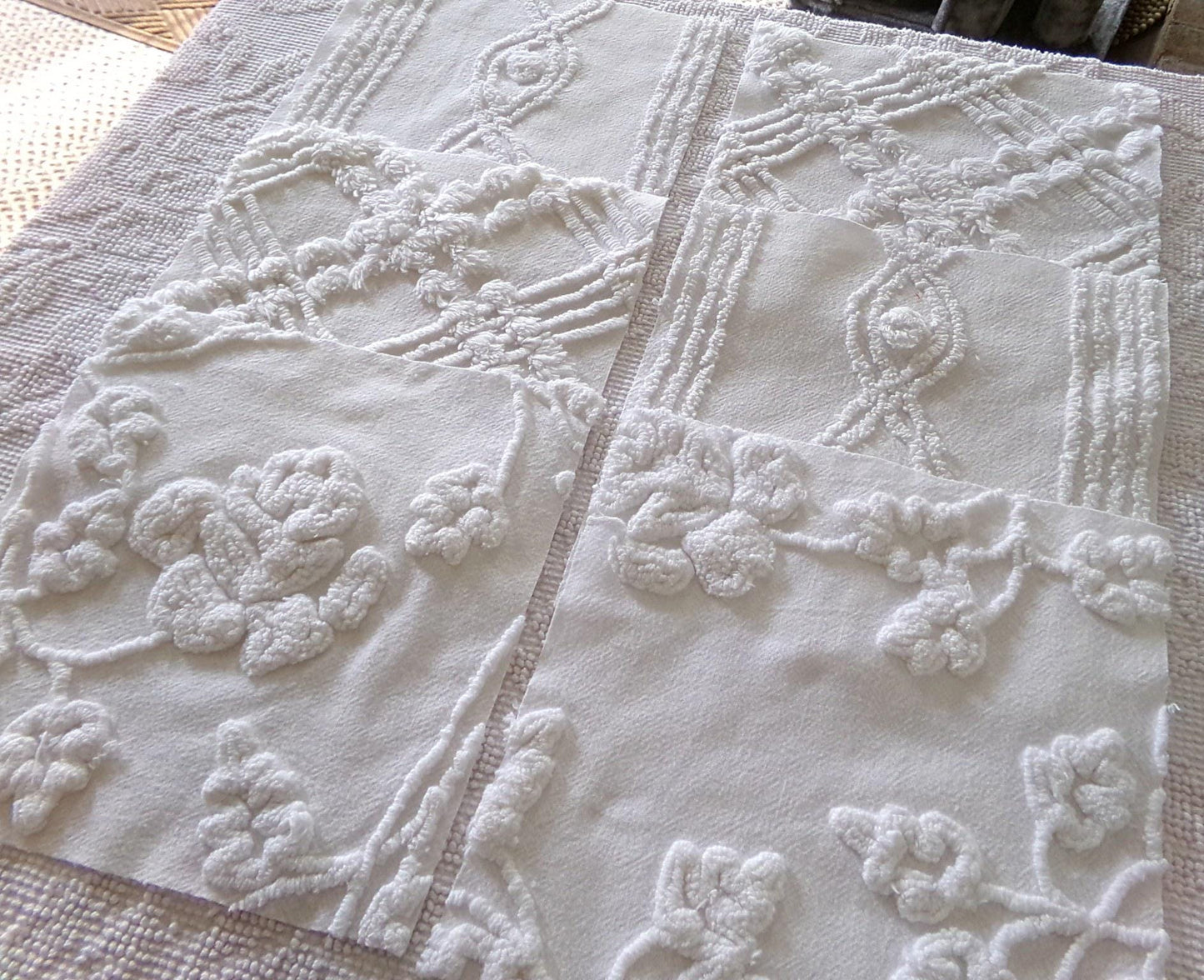 rambling rose vintage chenille fabric squares, set of 6 large 9.5" white quilt blocks, floral & geometric prints for sewing, quilting