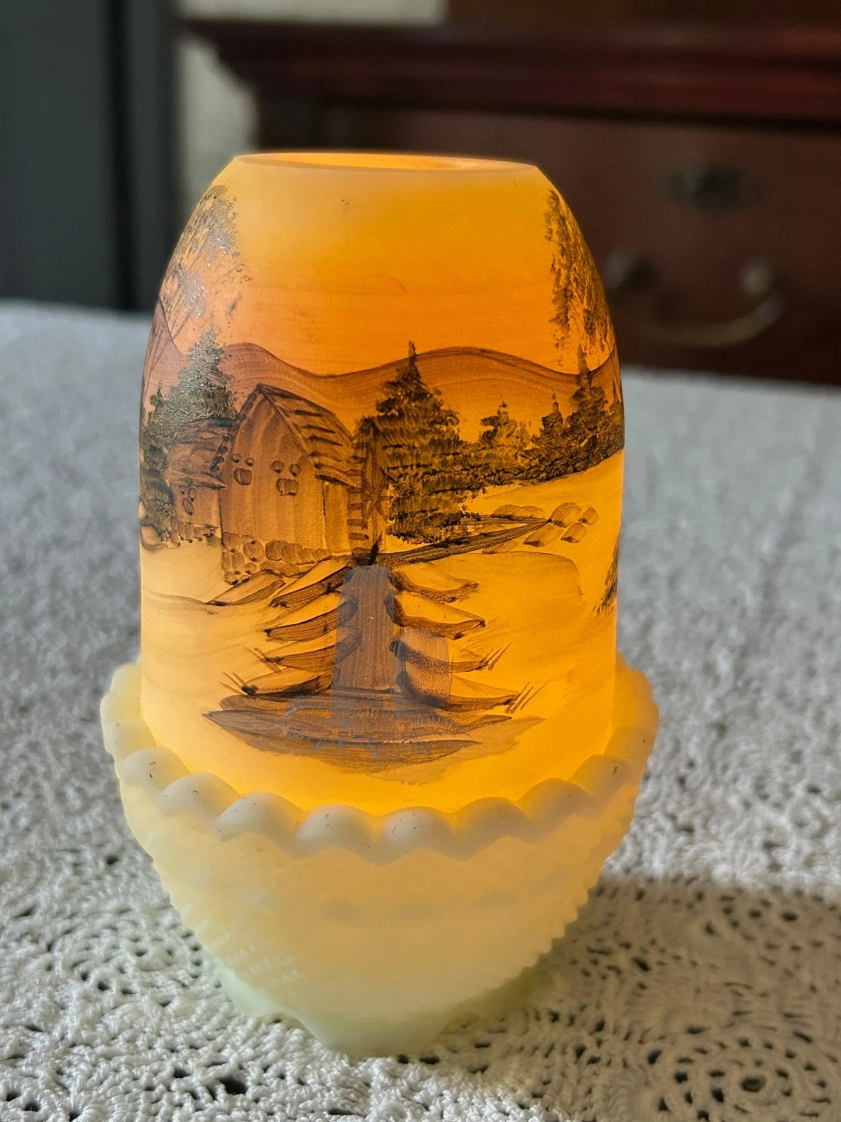 Vtg Fenton Fairy Lamp Satin Custard Glass Hand Painted Water Mill Gloria Finn