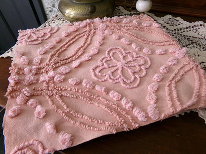 Shabby Cottage Style Vintage Chenille Fabric, geometric floral design, sewing craft quilt material 25" x 21" piece