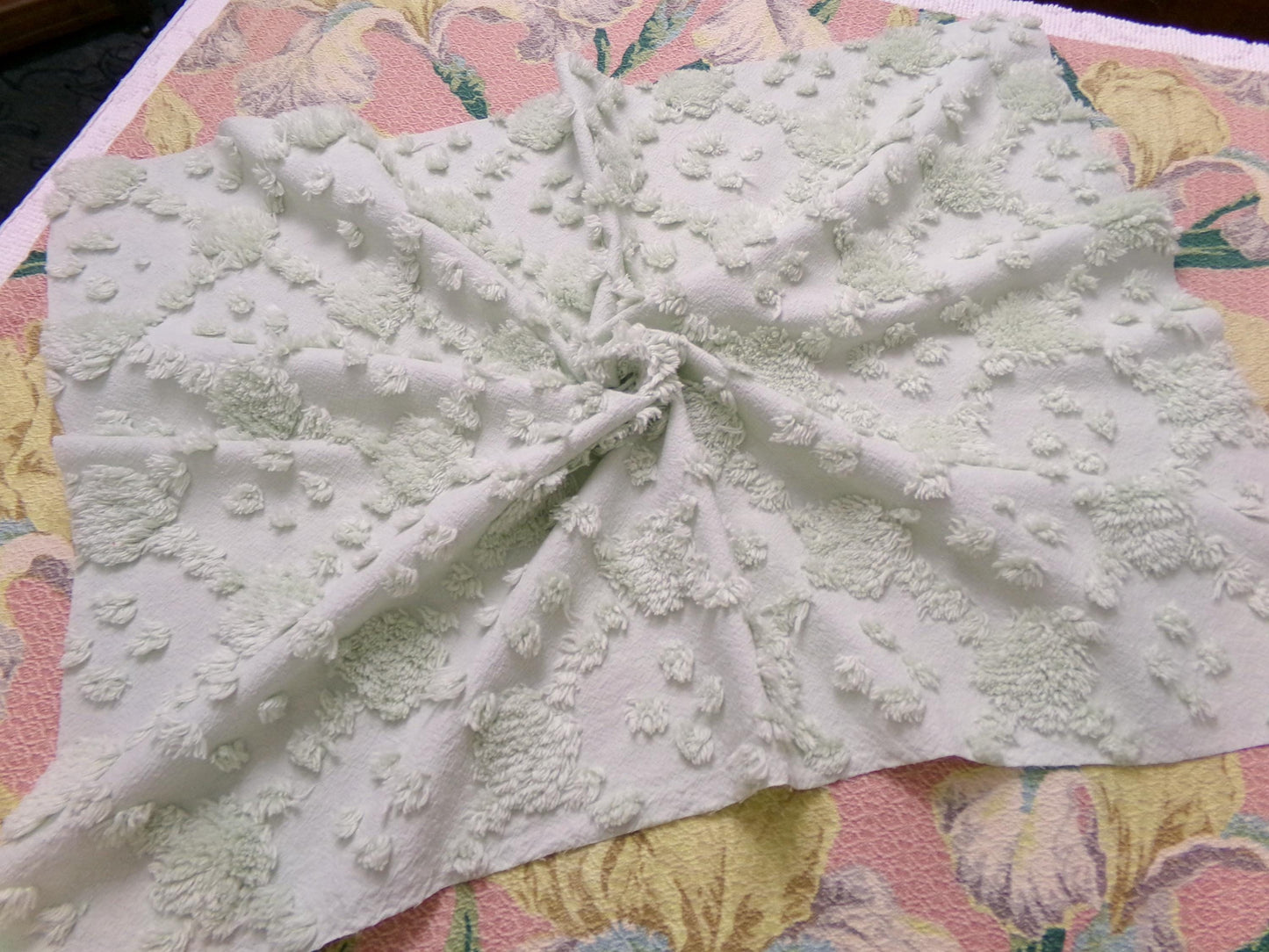 fluffy green vintage style chenille fabric, versatile sewing & quilt material, 19" x 24" piece