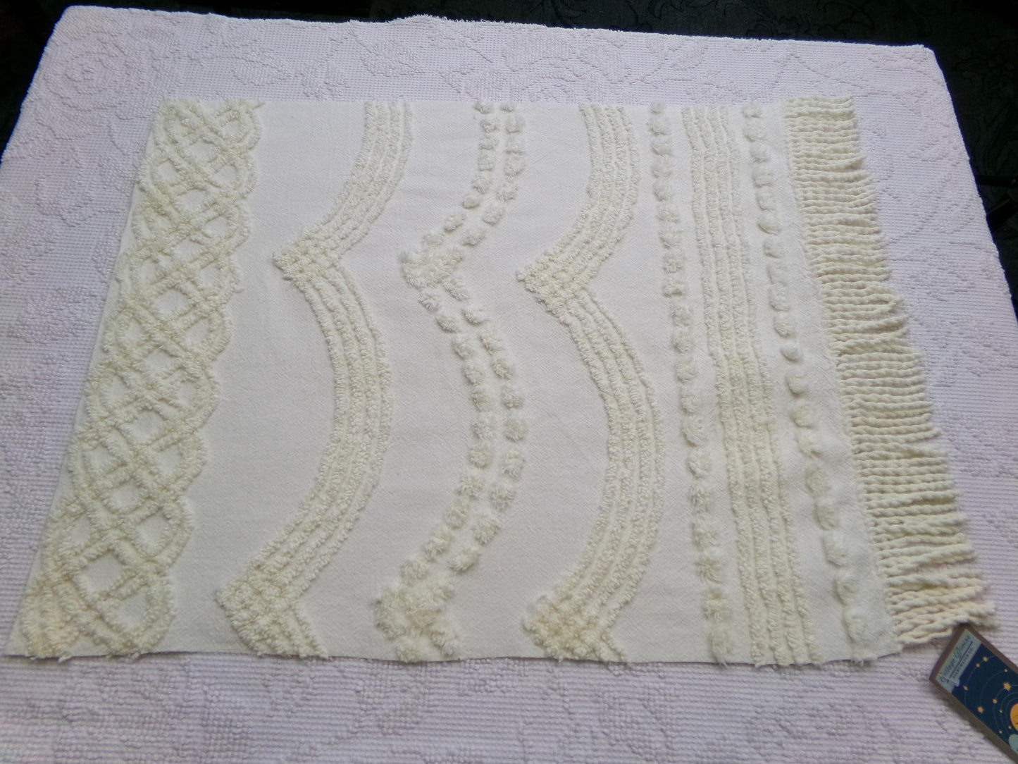 Chic Vintage Chenille Fabric, Elegance Needletuft Design w/ Fringe Edge, 18" x 21" Piece Craft Quilt Material