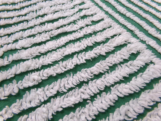 Green & Snow White Vintage Chenille Bedspread Fabric, Geometric Stripes 15" x 26" piece