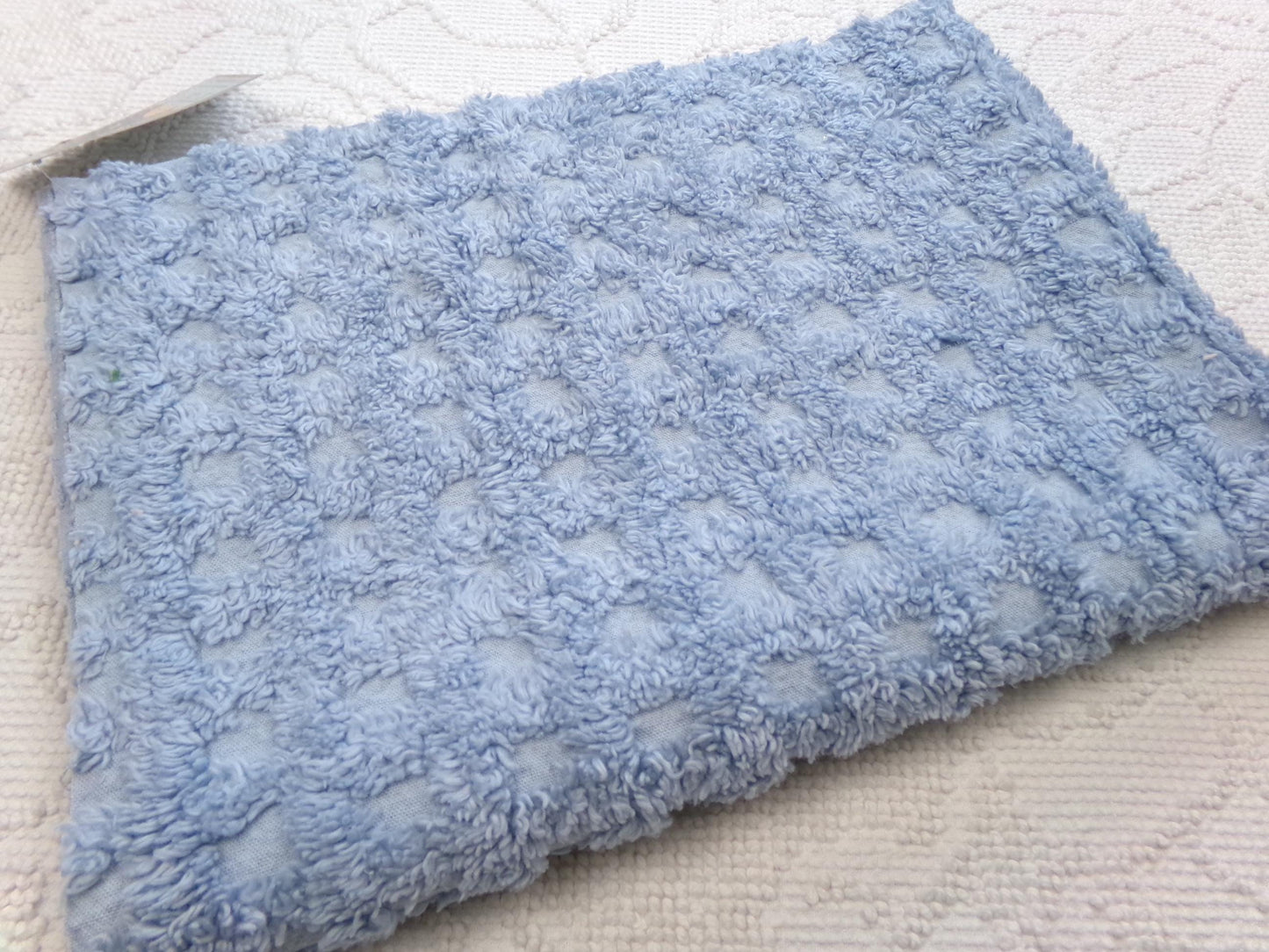 Blue Windowpane Vintage Chenille Fabric, tufted geometric square design, sewing craft quilt material, 18" x 25" piece