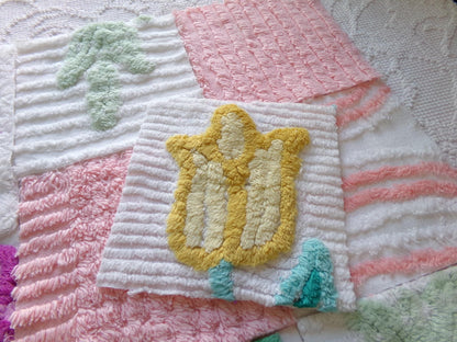 springtime mix 6" chenille squares, peach, white & purple set of 17 craft quilt blocks cut from vintage chenille bedspread fabrics