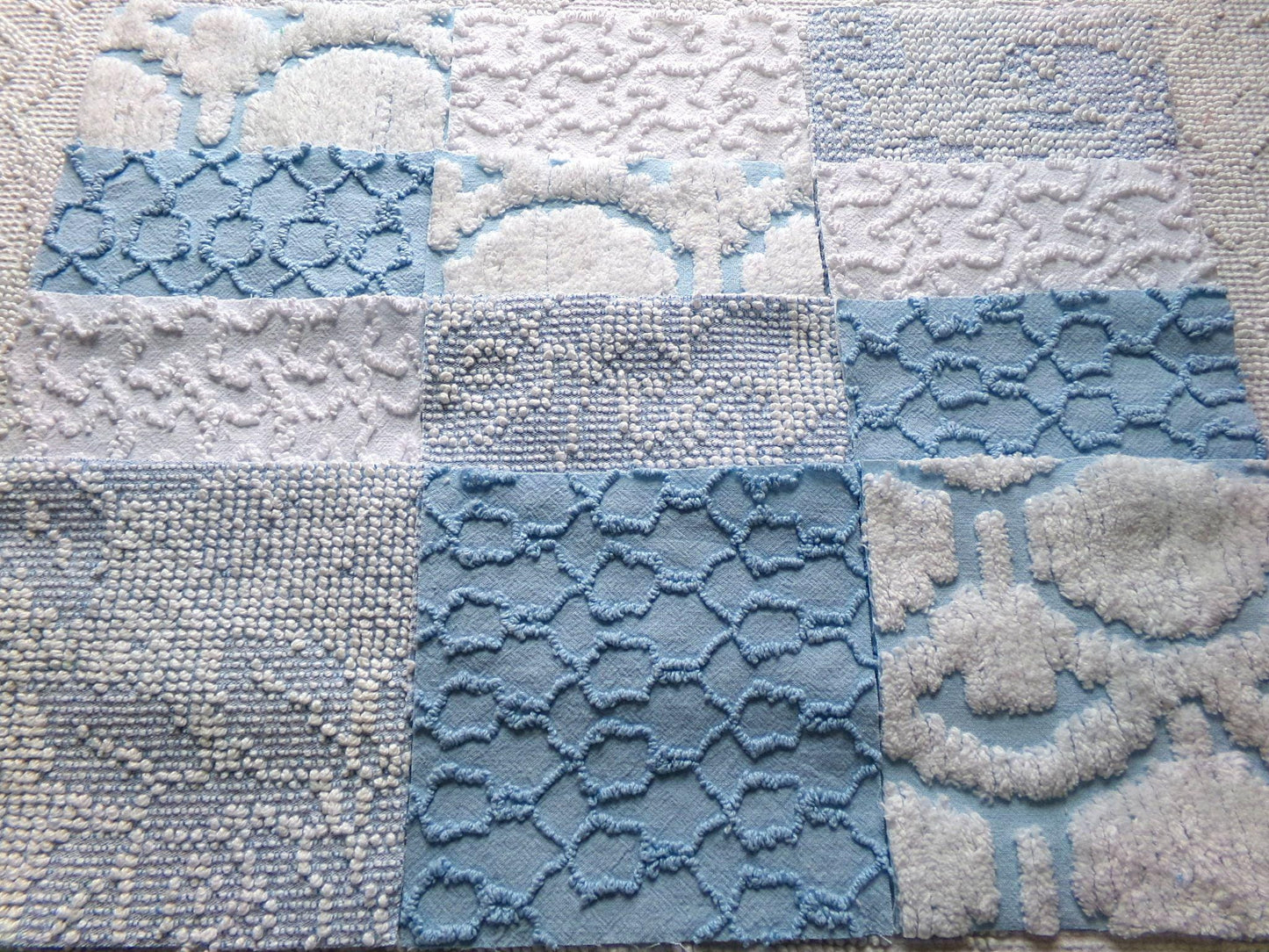 seaside wanderings chenille fabric squares, 16 vintage 6" quilt blocks in coastal blue & white, for sewing, crafts, fiber arts